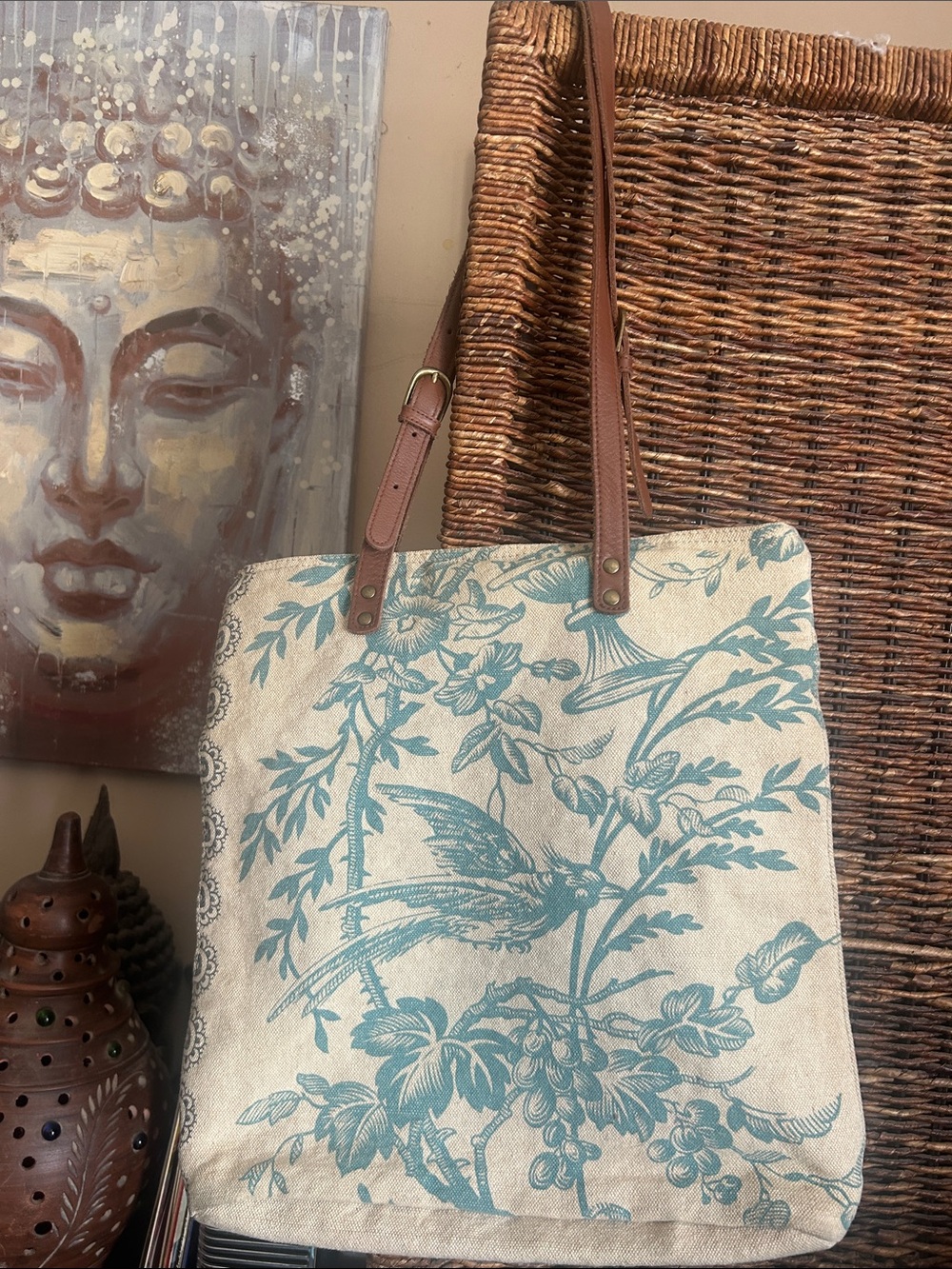 Amy Butler Boho Canvas Floral Bird Tote Bag with Leather Straps